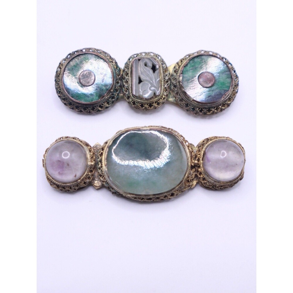2 Antique Chinese Qing Gilt Filigree Jadeite & Amethyst Belt Buckle Brooch Pins